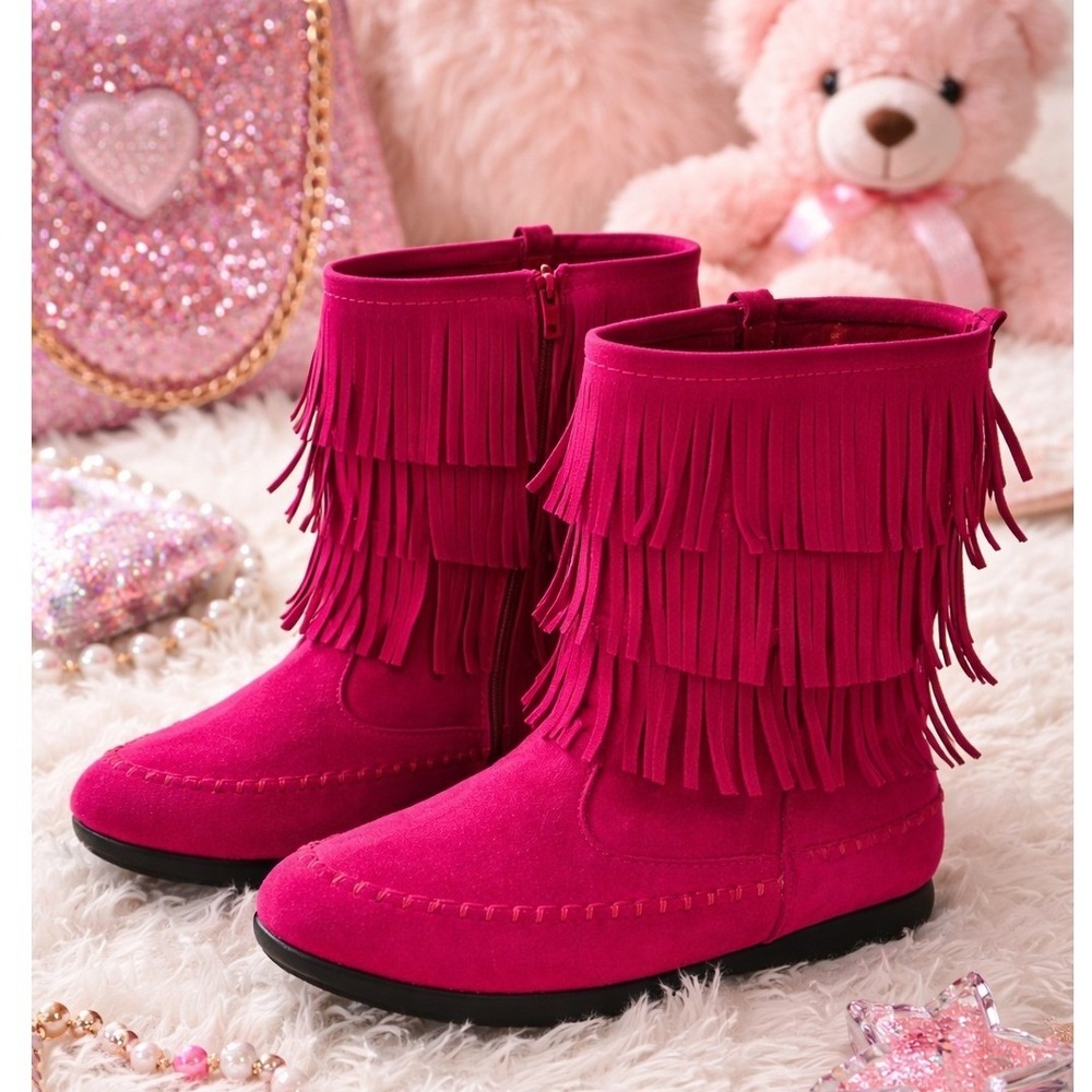 Fuchsia Pink Suede Fringe Moccasin Boots Youth Girls SZ 4 Side Zip Tassel NEW